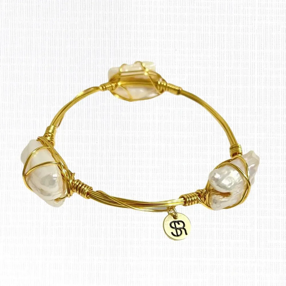 Wire Caged Chunky Pearl Bangle Bracelet Gold Tone Coastal Beach Handcrafted Art